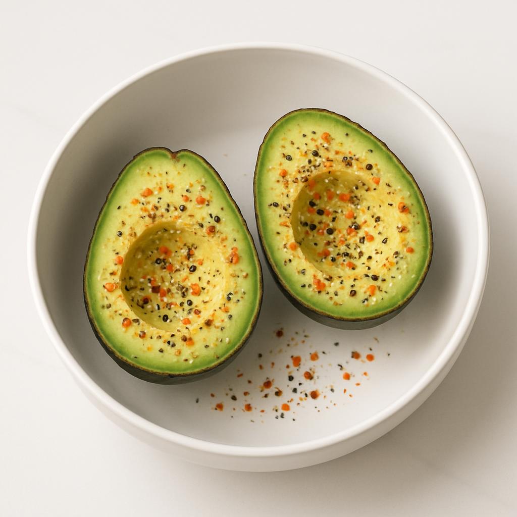 The alt text for this image is: "An avocado half in a bowl, sprinkled with spices."