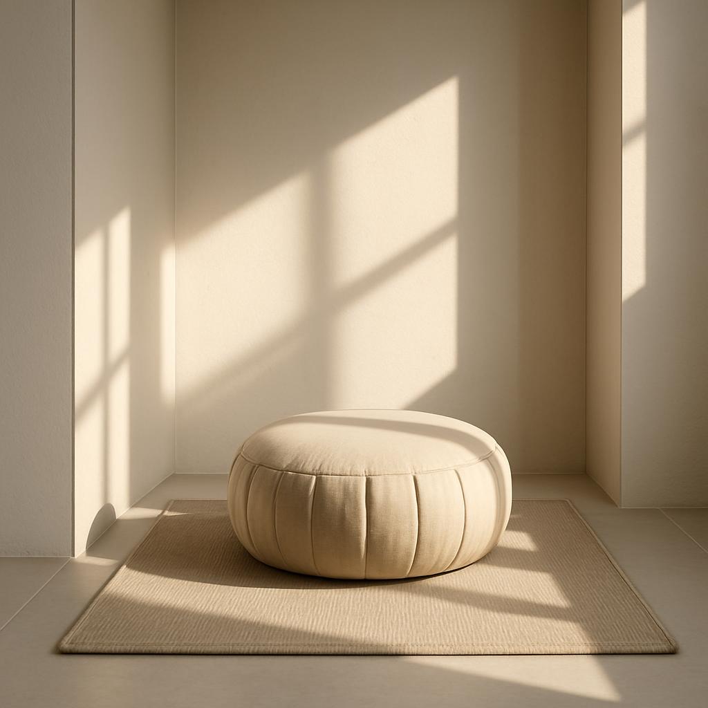 * The beige pouf seats on This image depicts a small, round, beige pouf situated on a rectangular carpet, casting shadows ...