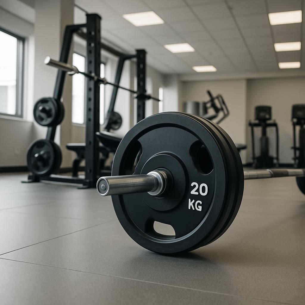 Barbell in a gym with weight plates on it, featuring a large window and treadmills in the background. 1. The image showcas...